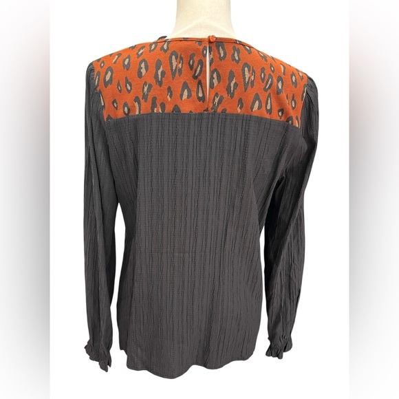 THML Embroidered Boho Blouse Medium Black Rust Leopard Back Long Sleeve Top - Picture 5 of 10